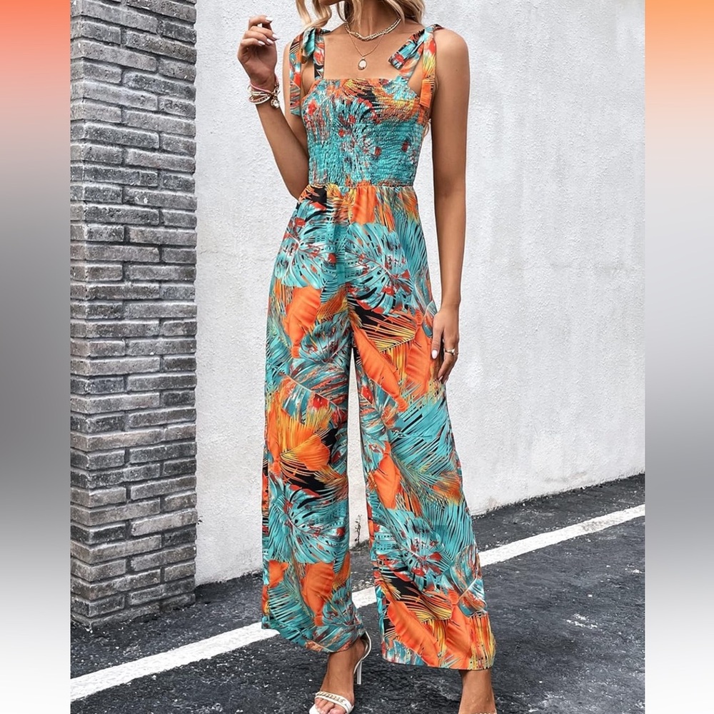 Size XL blue and orange tropical leaf print wide leg jumper